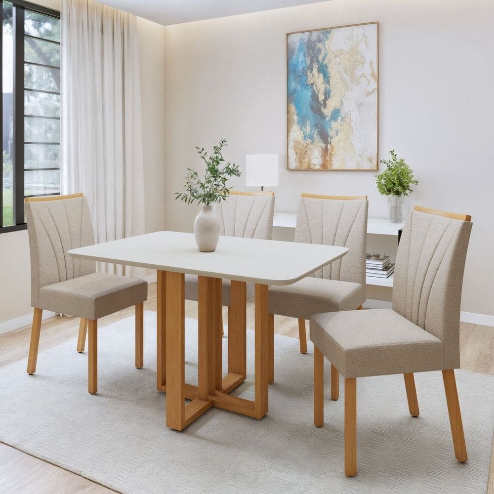 Conjunto Sala de Jantar Mesa Bold 120cm Tampo Mdf e 4 Cadeiras Pés Madeira Maciça Jade Amêndoa Clean/Off White/Naturale Creme