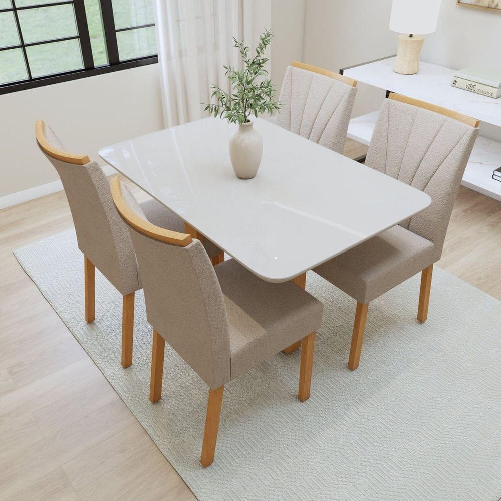 Conjunto Sala Jantar Mesa Bold 120cm Tampo Mdf/vidro 4cm 4 Cadeiras Pés Madeira Maciça Jade Amêndoa Clean/ Off White//Naturale Creme