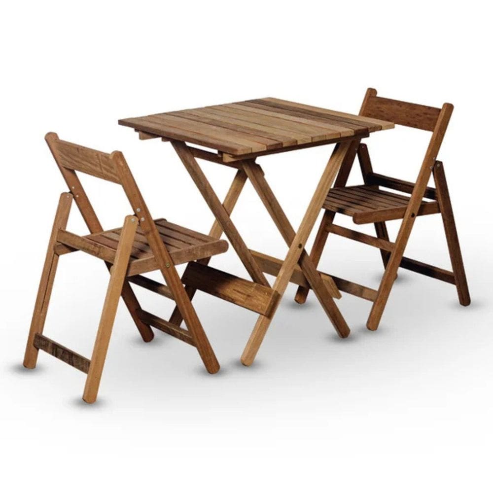 Conjunto de Mesa 70x70cm e 2 Cadeiras Dobráveis em Madeira Nobre Marrom