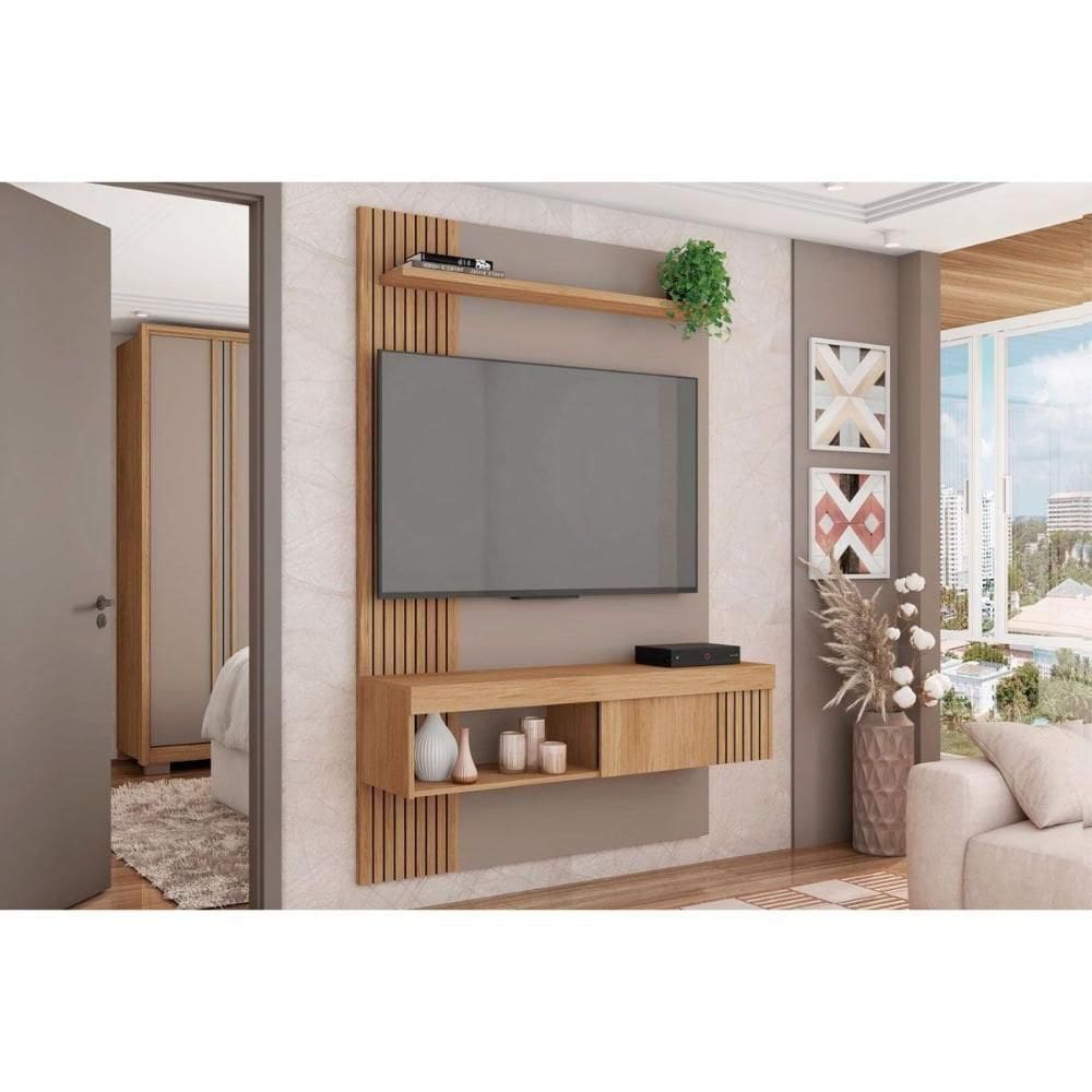 Rack Bancada C/ Painel P/ Tv Até 45 Pol Jade Ripada 120x183cm Buriti/fendi - Caemmun