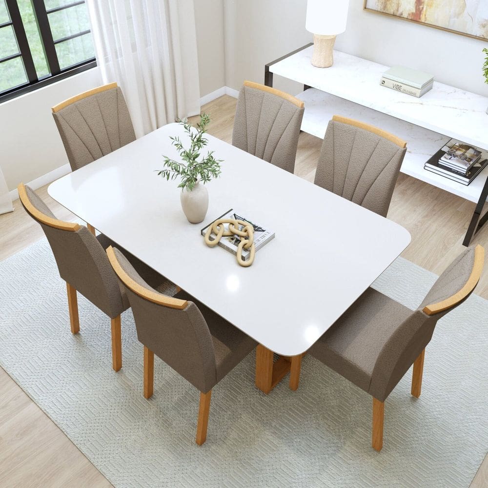 Conjunto Sala Jantar Mesa Bold 170cm Tampo Mdf e 6 Cadeiras Pés Madeira Maciça Jade Amêndoa Clean /Off White/Animale Bege