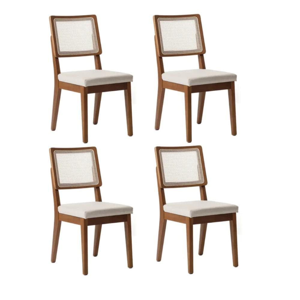 Kit com 4 Cadeiras de Madeira Maciça Estofada com Palhinha Saga - Natural c/ Linho Mescla Cru