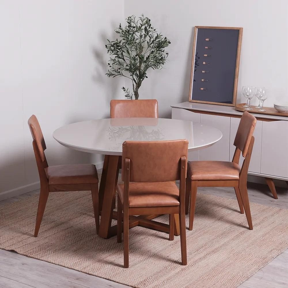 Conjunto de Jantar Mesa Redonda com Vidro Bennett 135 cm 4 Cadeiras Ella - Natural c/ Caramelo