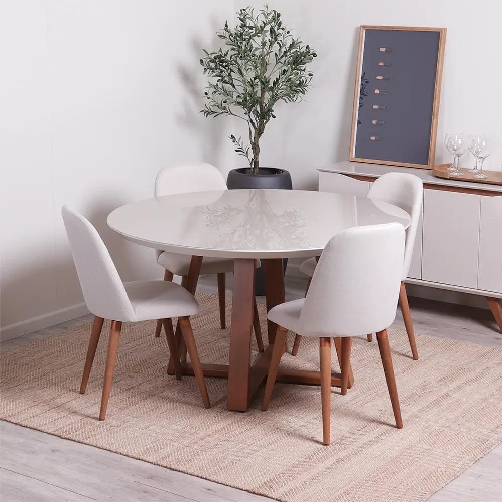 Conjunto de Jantar Mesa Redonda com Vidro Bennett 135 cm 4 Cadeiras New Drop - Natural c/ Bege