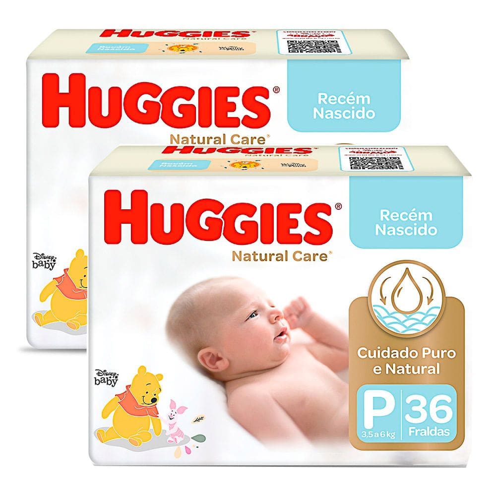 Kit 2 Fralda Huggies Natural Care Tamanho P 36 Fraldas Descartáveis