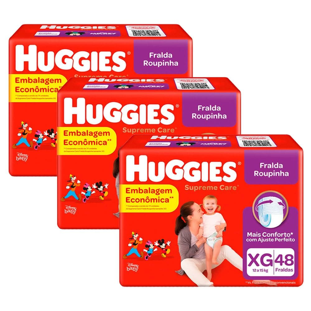 Kit 3 Fralda Roupinha Huggies Supreme Care Tamanho XG Pacote Hiper 48 Fraldas Descartáveis