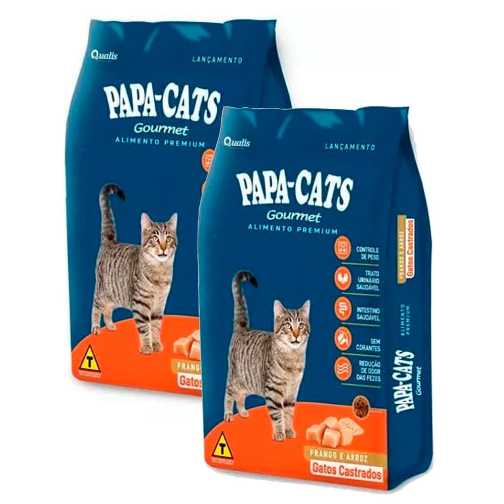 Kit 2 Ração para Gatos Castrados Papa-Cats Gourmet Frango e Arroz 1kg