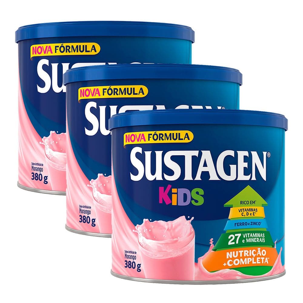 Complemento Alimentar Sustagen Kids Morango Lata 380g | Kit com três unidades