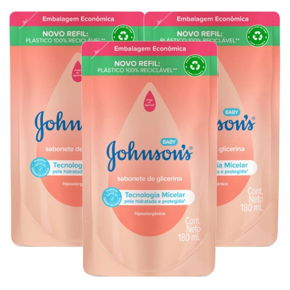 Kit 3 Sabonete Líquido de Glicerina Johnson`s Baby Refil 180ml