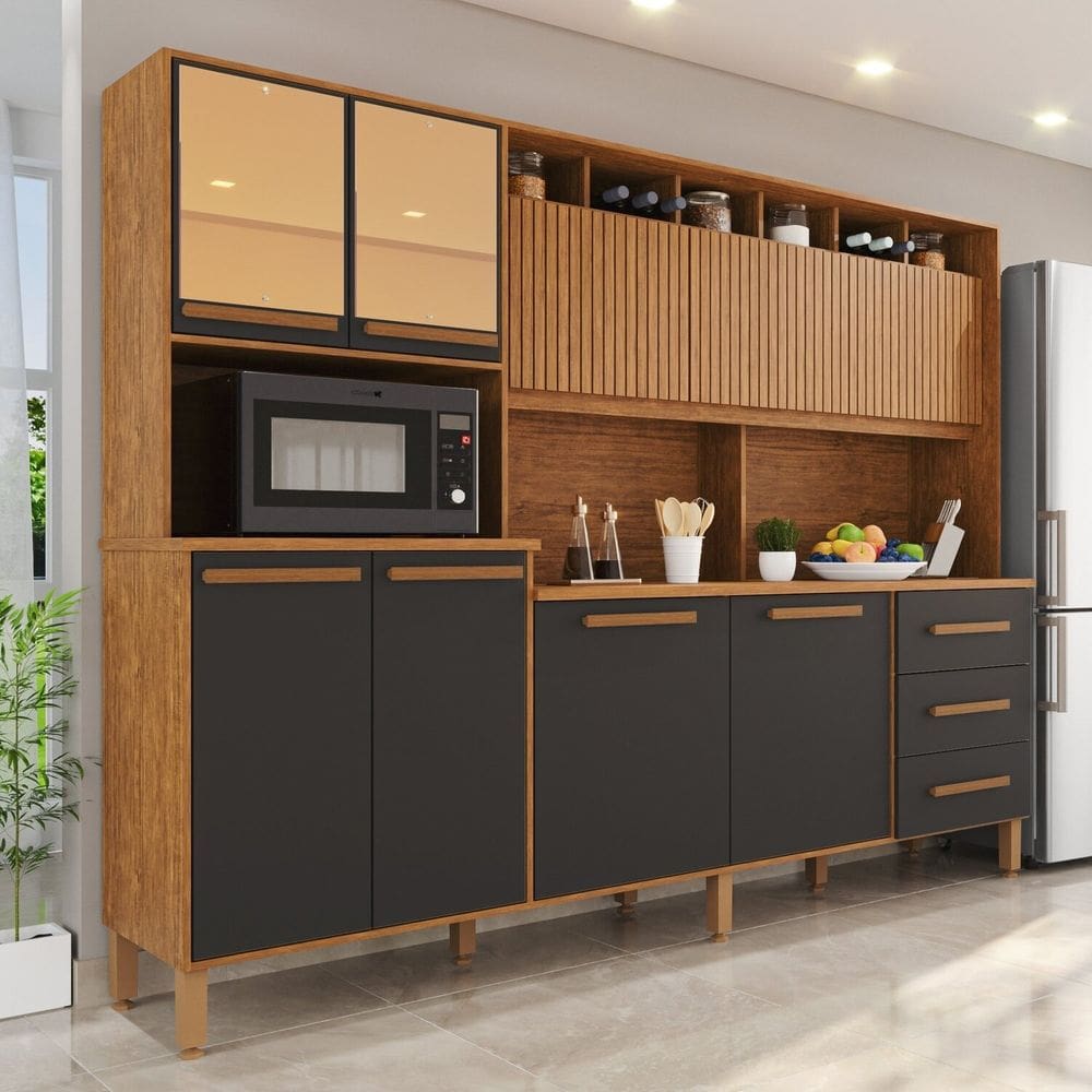 Armário de Cozinha 9 Portas 3 Gavetas 100% Mdf Isabella Cinamomo / Grafite