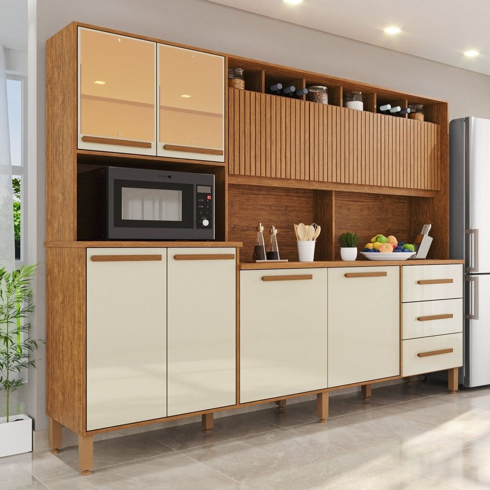 Armário de Cozinha 9 Portas 3 Gavetas 100% Mdf Isabella Cinamomo / Off White