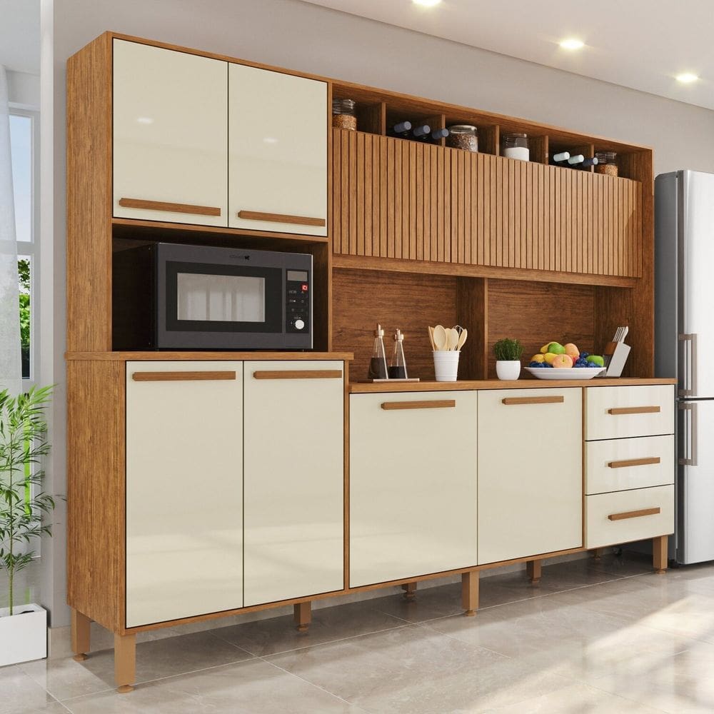Armário de Cozinha 9 Portas 3 Gavetas 100% Mdf Isabella Cinamomo/Off White