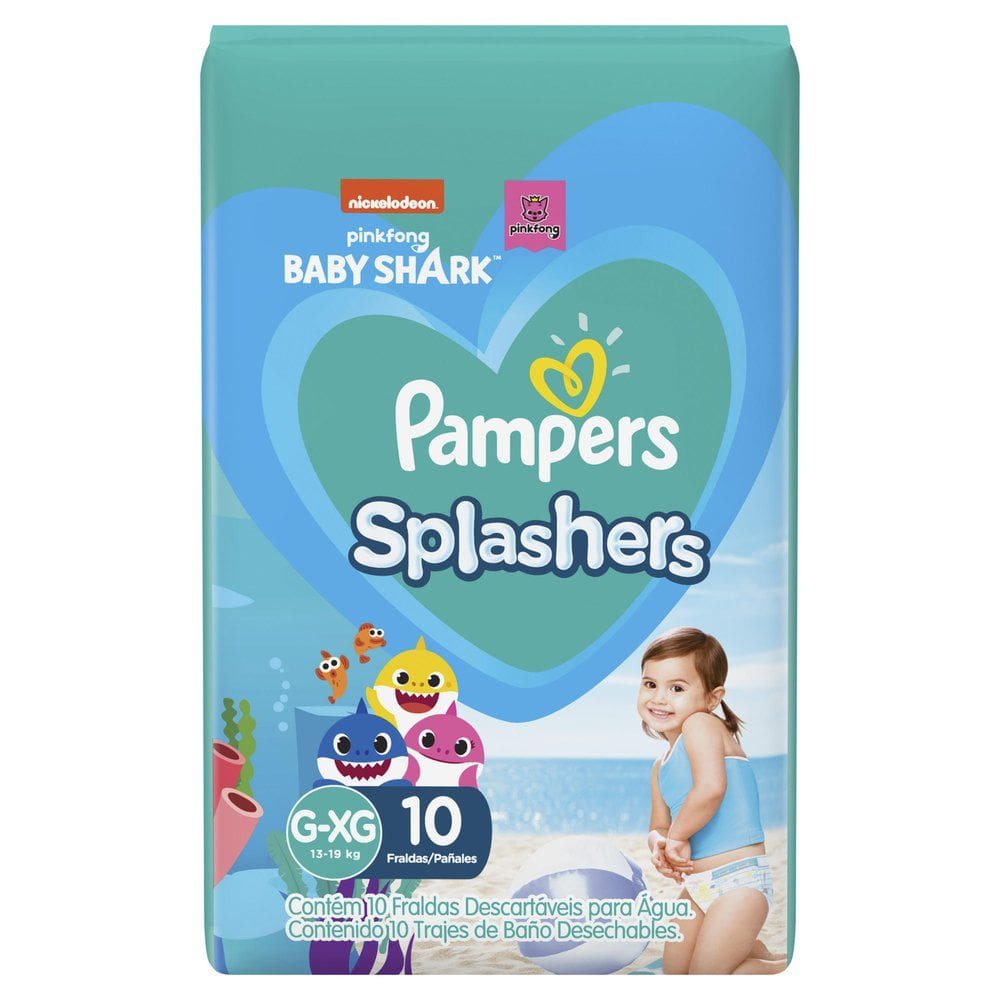 Fralda Pampers Splashers para Nadar Baby Shark XG com 10 Unidades Descartáveis