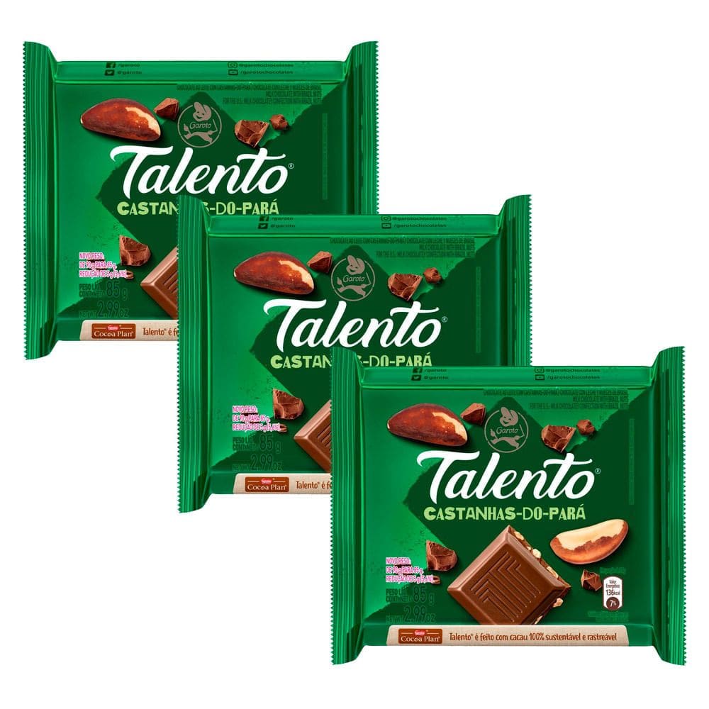 Kit 3 Chocolate Garoto Talento ao Leite com Castanha do Pará 85g