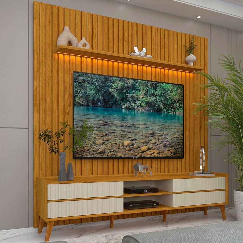Rack com Painel para Tv 84 Polegadas com Led 4 Gavetas 228,8cm 100% Mdf Nobre Clean/magnífico Naturale/Off White
