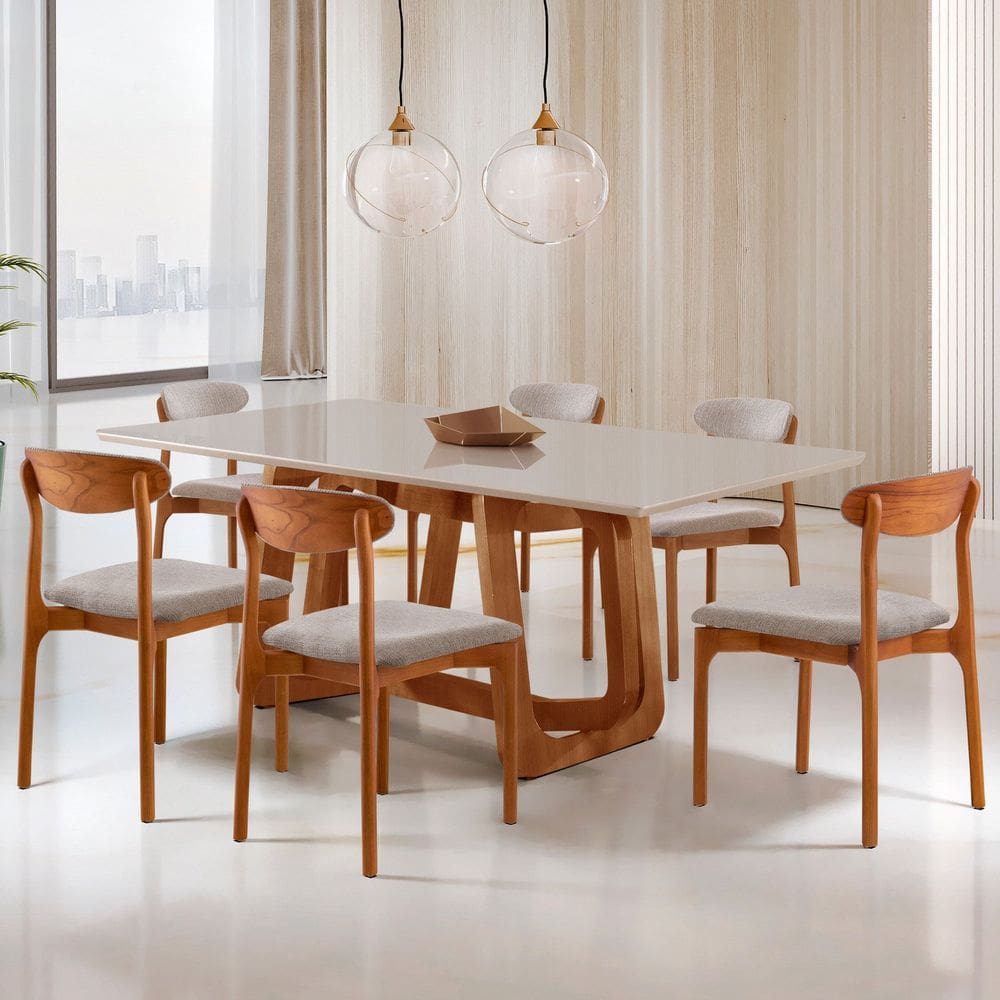 Conjunto Sala de Jantar Mesa Madeira Maciça Genova 6 Cadeiras Monaco Brisa/ Cinamomo Imbuia/ Off White