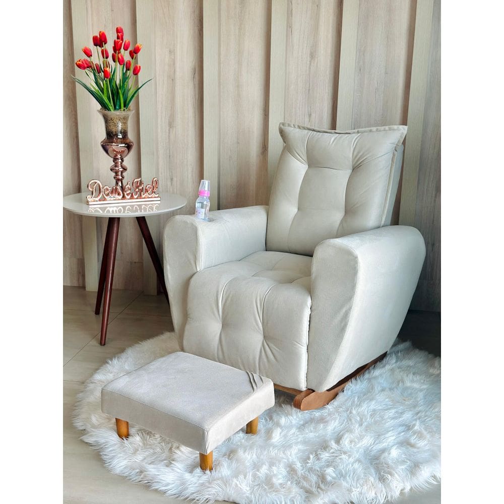 Poltrona Cadeira de Amamentação Balanço e Puff Ternura BegeClaro