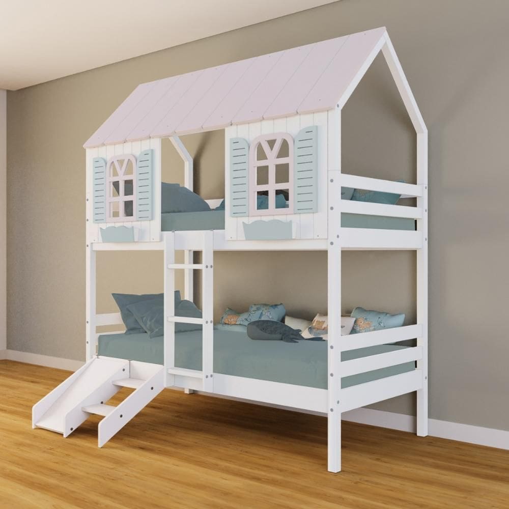Beliche Casinha Bela Kit Escada/Escorregador - Madeira Maciça Branco/Rosa/Verde | Housin