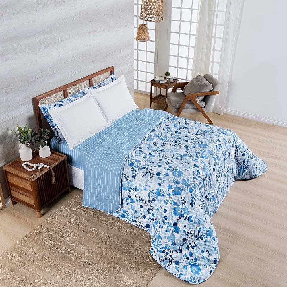 Edredom Cobertor Belle King 400 Fios Dupla Face Estampado Florido Azul