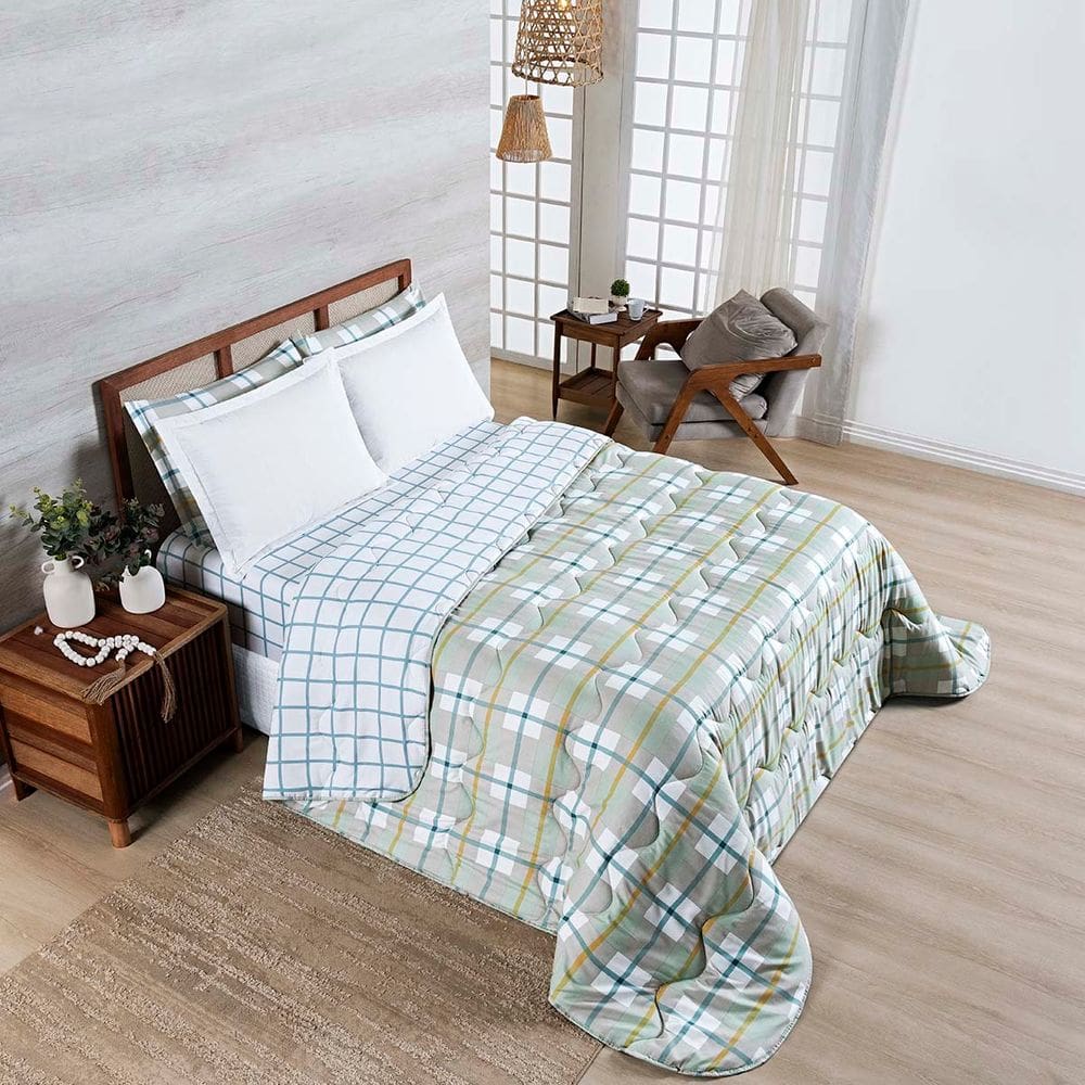 Edredom Cobertor Belle King 400 Fios Dupla Face Estampado Grid Xadrez Verde