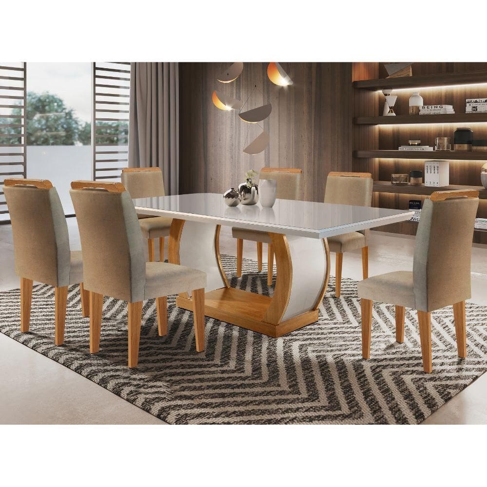 Mesa de Jantar 6 Cadeiras Tampo de Vidro Off White/Imbuia Jade Rufato Móveis