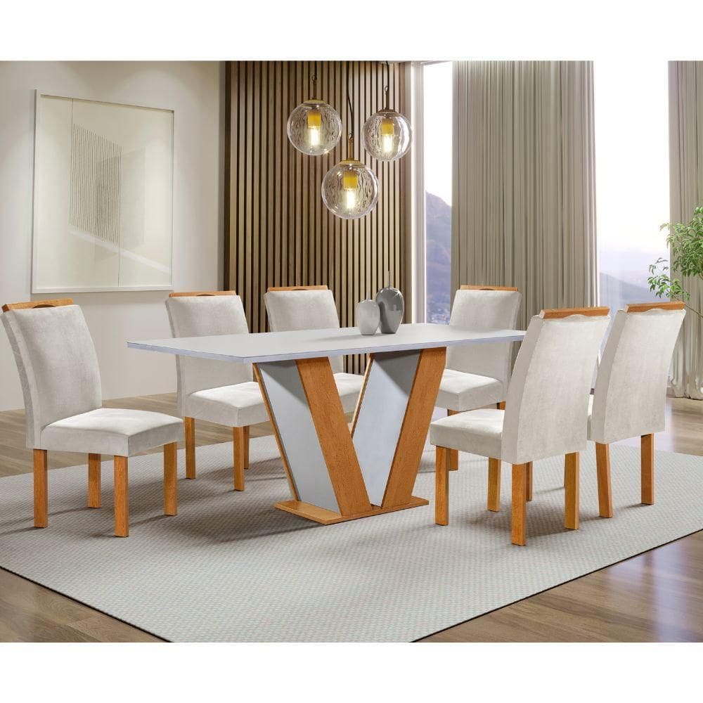 Mesa de Jantar 6 Cadeiras Tampo de Vidro Cinamomo/Off White Qatar Cel Móveis