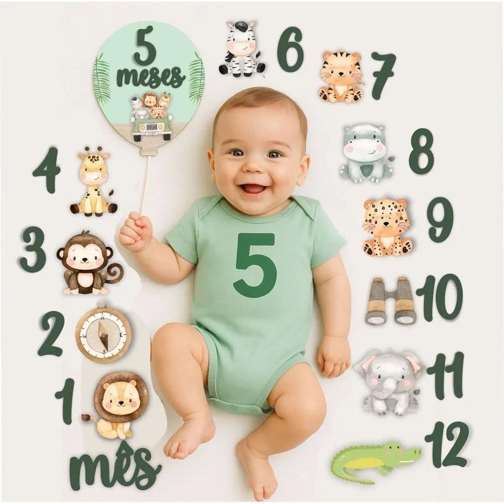 3X Kit Mesversario Safari Com 29 Itens Para Fotos Mensais