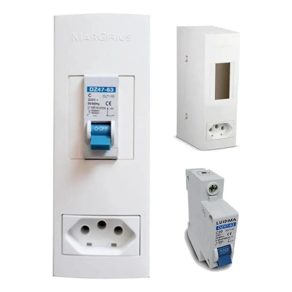 3X Caixa Proteção Sobrepor + Disjuntor Unipolar + Tomada 20A