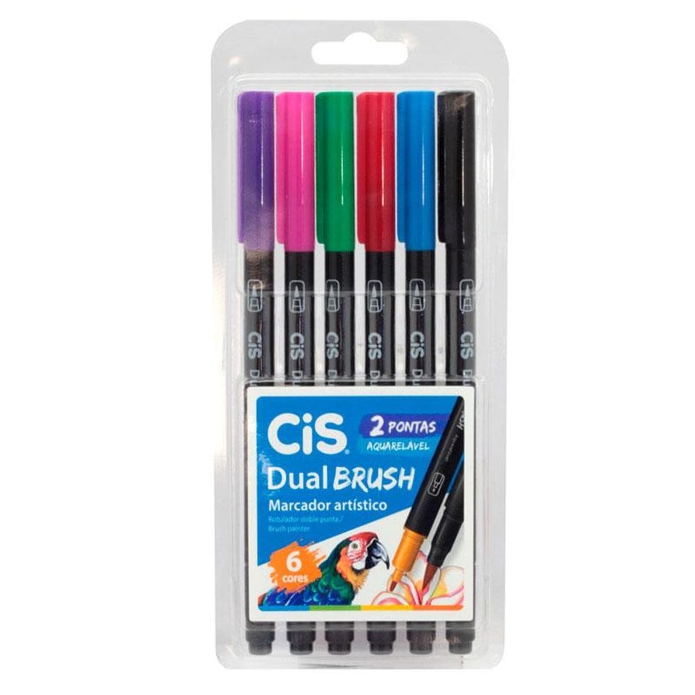 Caneta pincel dual Brush Aquarelável com 6 cores Cis