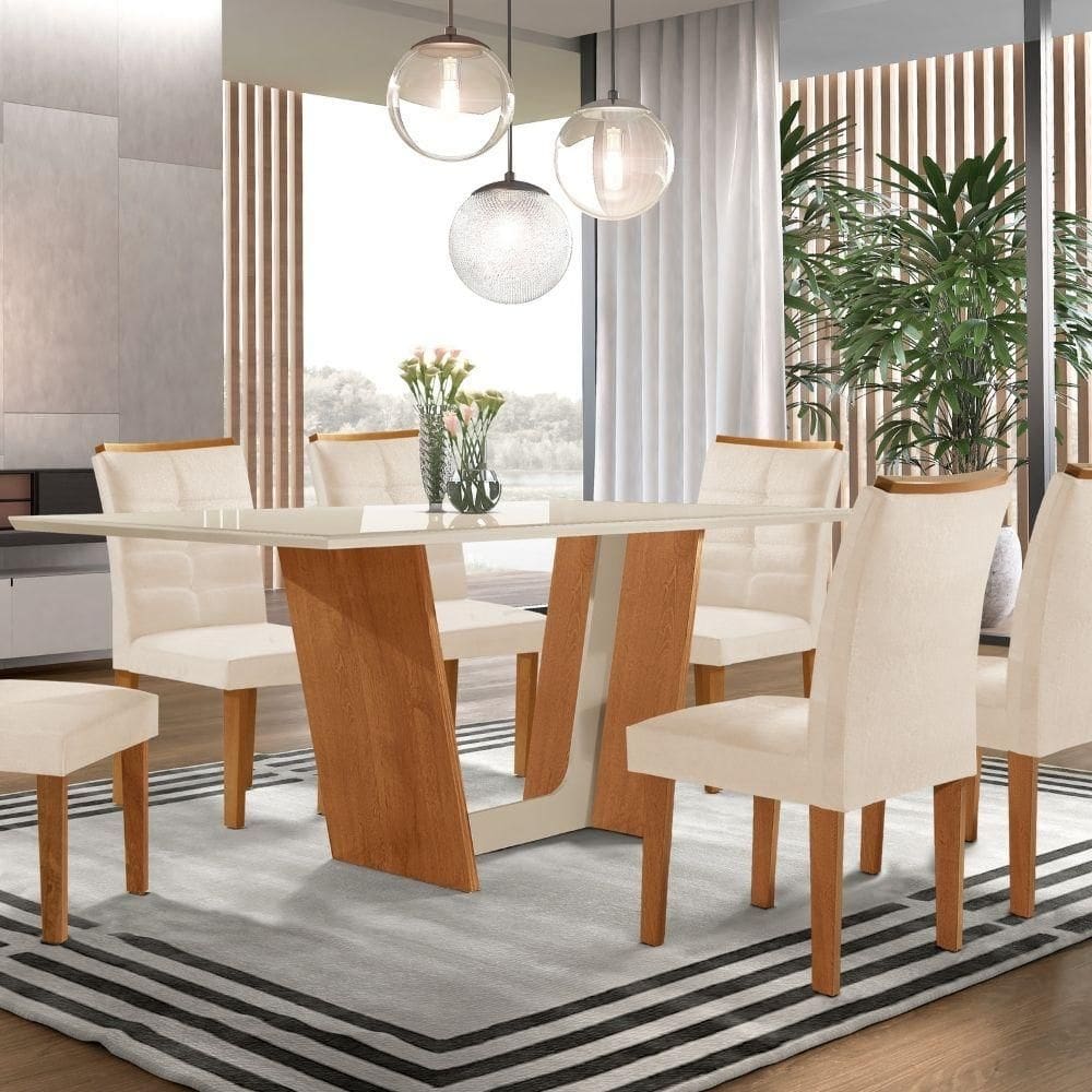 Mesa de Jantar 6 Cadeiras Tampo de Vidro Cinamomo/Off White Florença/Villa Rica