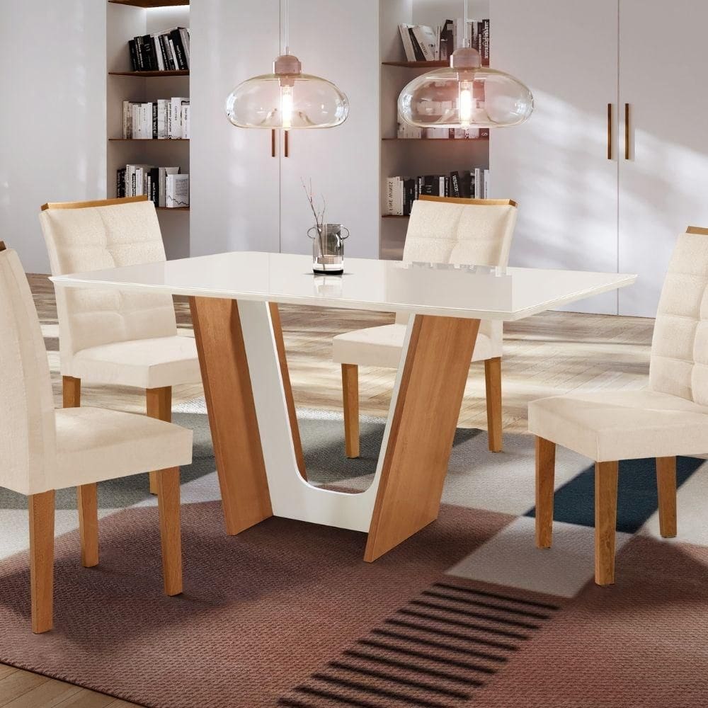 Mesa de Jantar 4 Cadeiras Tampo de Vidro Cinamomo/Off White Florença/Villa Rica Cel Móveis