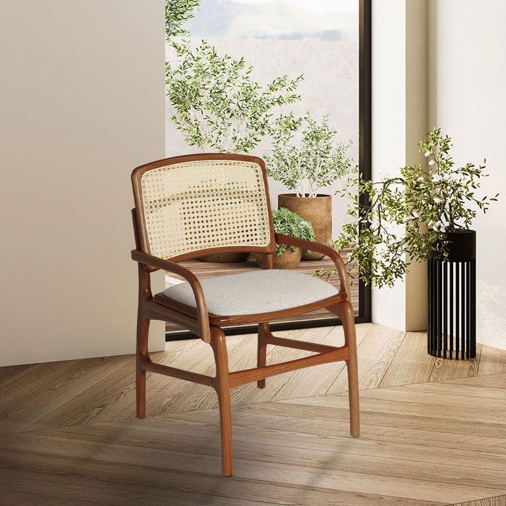 Cadeira Para Jantar Florença Madeira Jequitibá Terra - Linho Bege Encosto De Palha E Com Braço