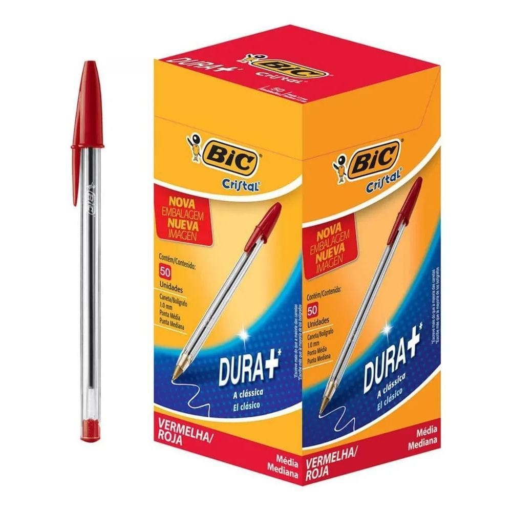 3X Caixa De Caneta 1.0 Mm Vermelha Cristal 50 Unidades Ponta