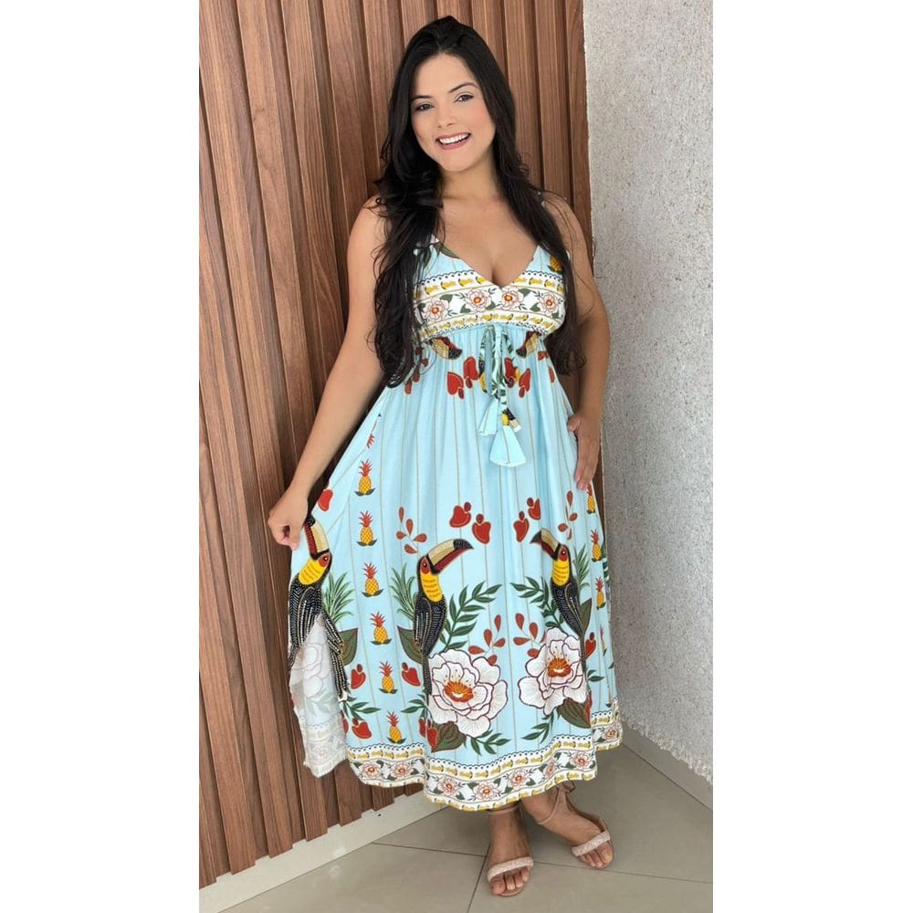 Vestido Estampado Decote V De Alça Longuite Lastex Costa Crisconf
