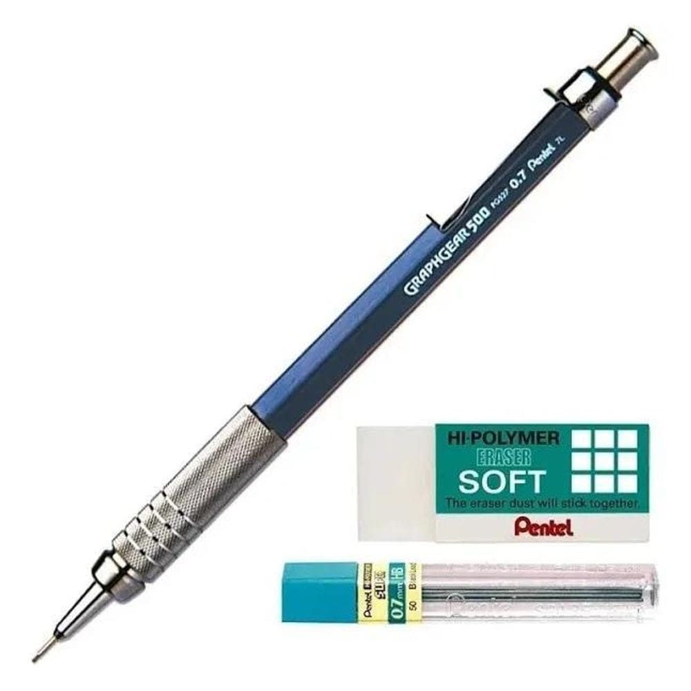 3X Kit Lapiseira Pentel Graphgear 500 0,7Mm Grafite Borracha
