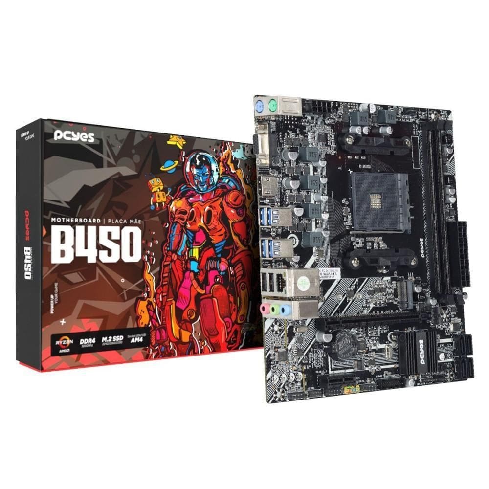 Placa Mae AM4 PCYES B450, DDR4 até 64GB, 1x M.2 NVMe PCIe, Rede Gigabit 1000Mbps