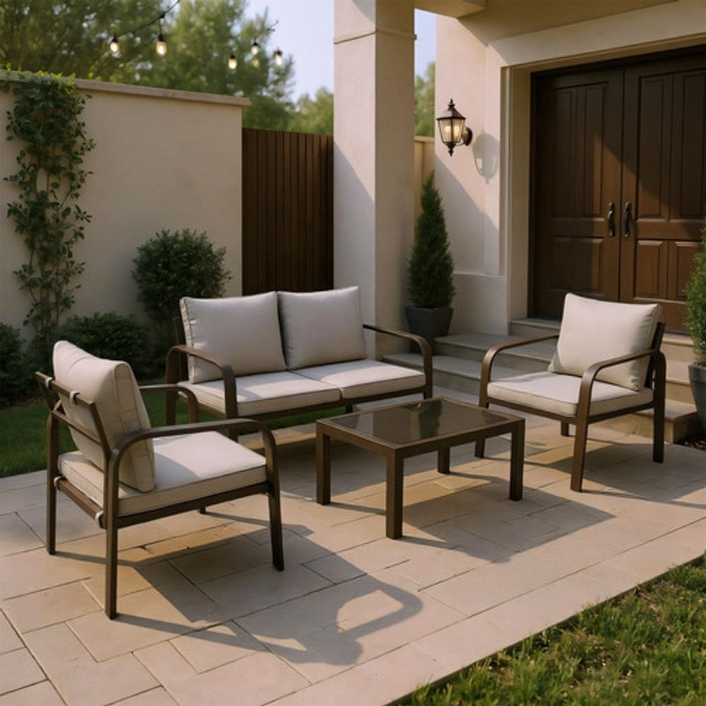 Conjunto Jardim 4 Pecas Sofa Poltrona Mesa Marrom 4 Lugares