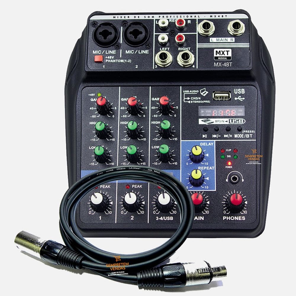 Kit Mesa de Som MXT e Cabo de Áudio XLR Macho Fêmea 5 Metros