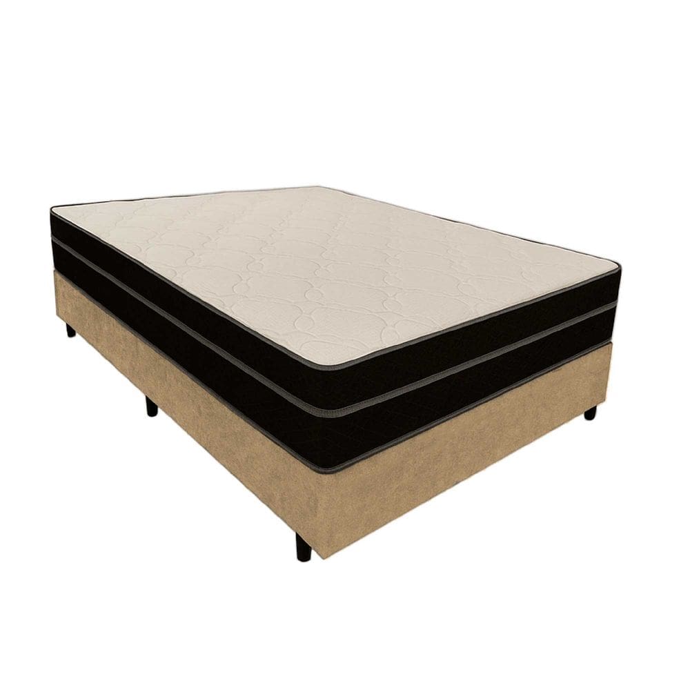 Cama Box Casal 138 Suede Bege com Colchão Paris Molas Ensacadas Preto 66x138x188