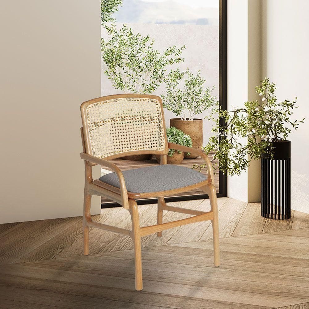Cadeira De Jantar Florença Madeira Jequitibá Natural Com Estofado Linho Cinza Encosto De Palha E Braço