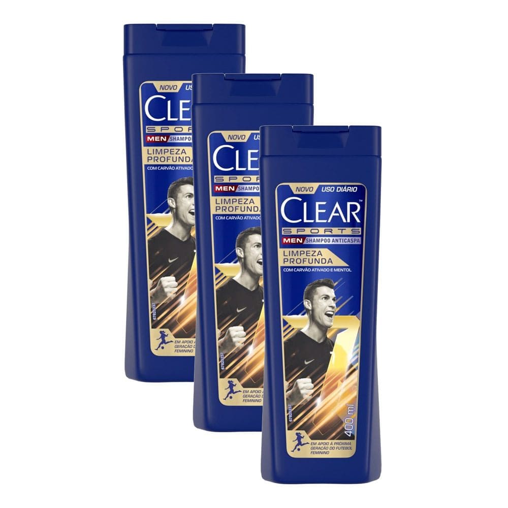 Shampoo Anticaspa Clear Sports Men Limpeza Profunda 400ml | Kit com três unidades