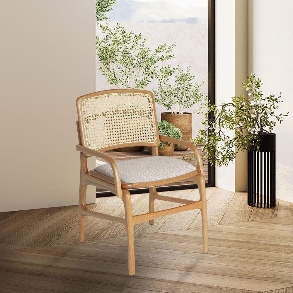 Cadeira De Cozinha Florença Madeira Jequitibá Natural Com Braço Encosto De Palha E Linho Bege