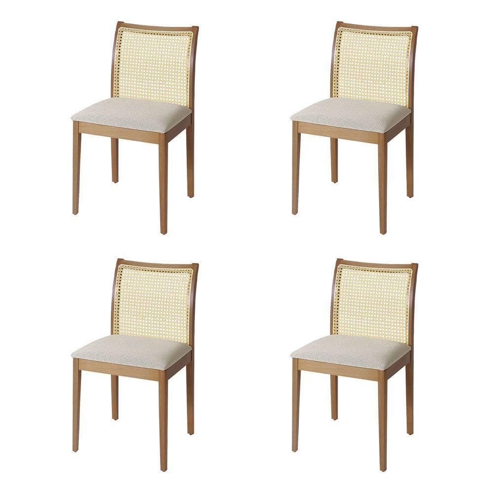 Jogo 4 Cadeiras De Jantar Juliana Jequitibá Natural Em Madeira Maciça Encosto Palha Linho Bege
