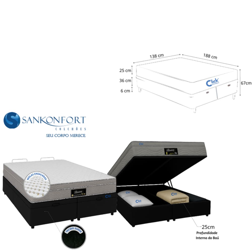 Conjunto Cama Box Baú Bipartida Blindada Suede + Colchão Casal Riviera Molas Ensacadas 138x188