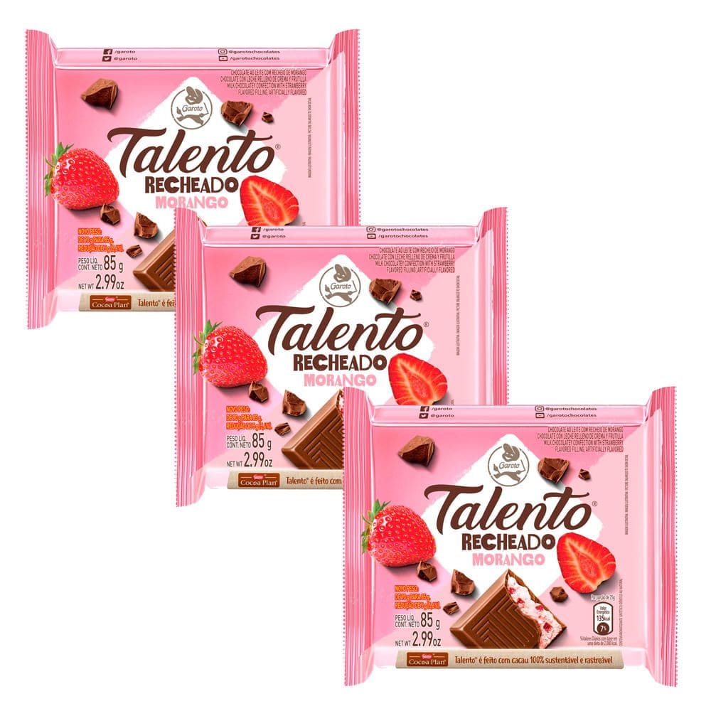 Kit 3 Chocolate Garoto Talento Recheado Morango 85g