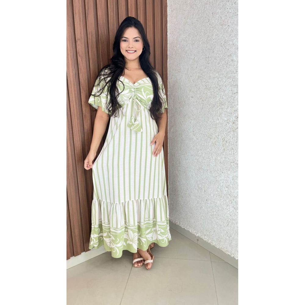 Vestido Longo Manga Amplas Estampado Litras Franzido Busto Crisconf