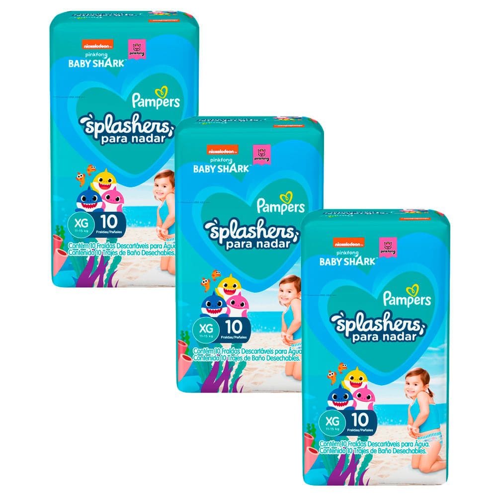 Kit 3 Fralda Pampers Splashers para Nadar Baby Shark XG com 10 Unidades Descartáveis