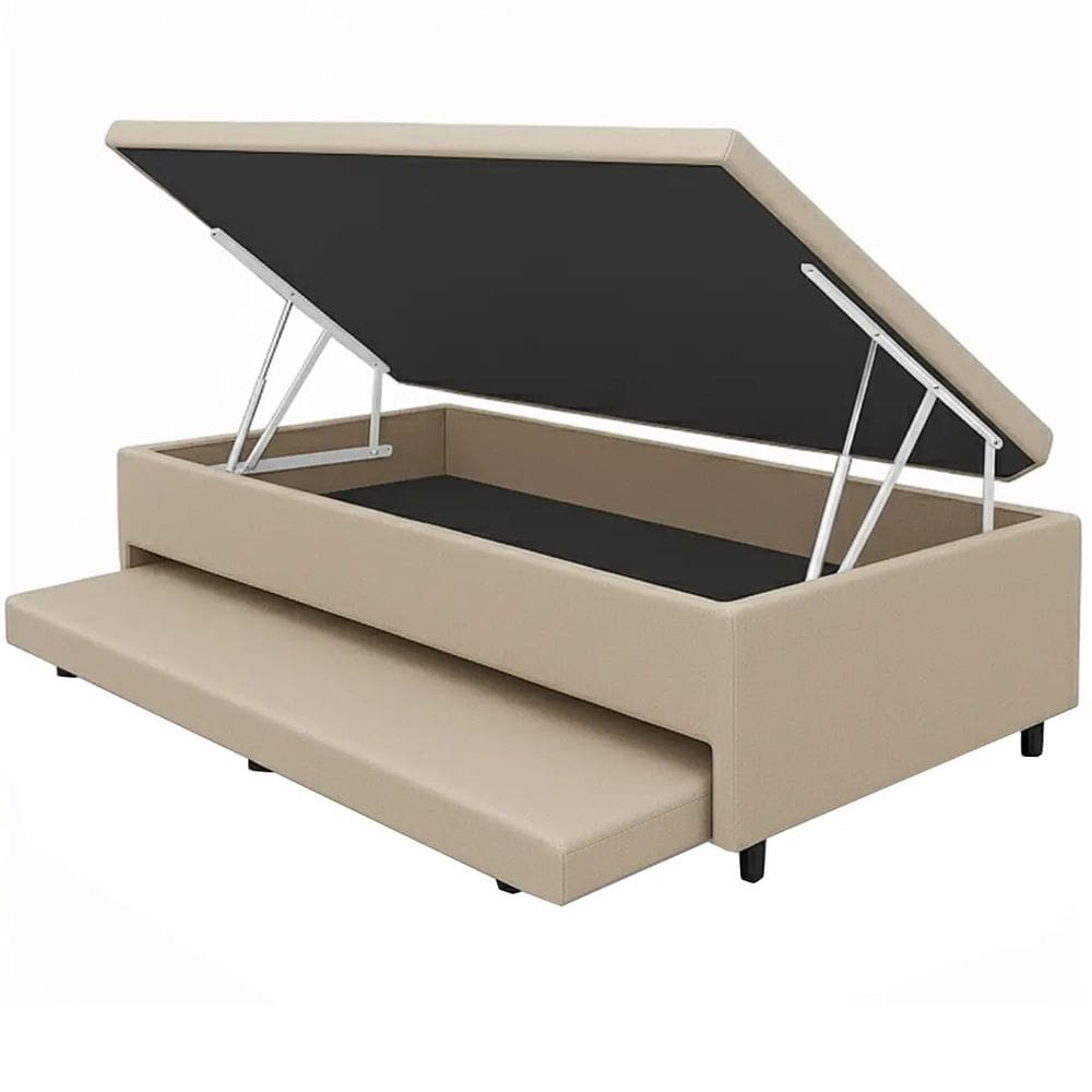 Base Box Baú Solteiro com Auxiliar Suede 43x188x88 Alto Nivel Cor Bege