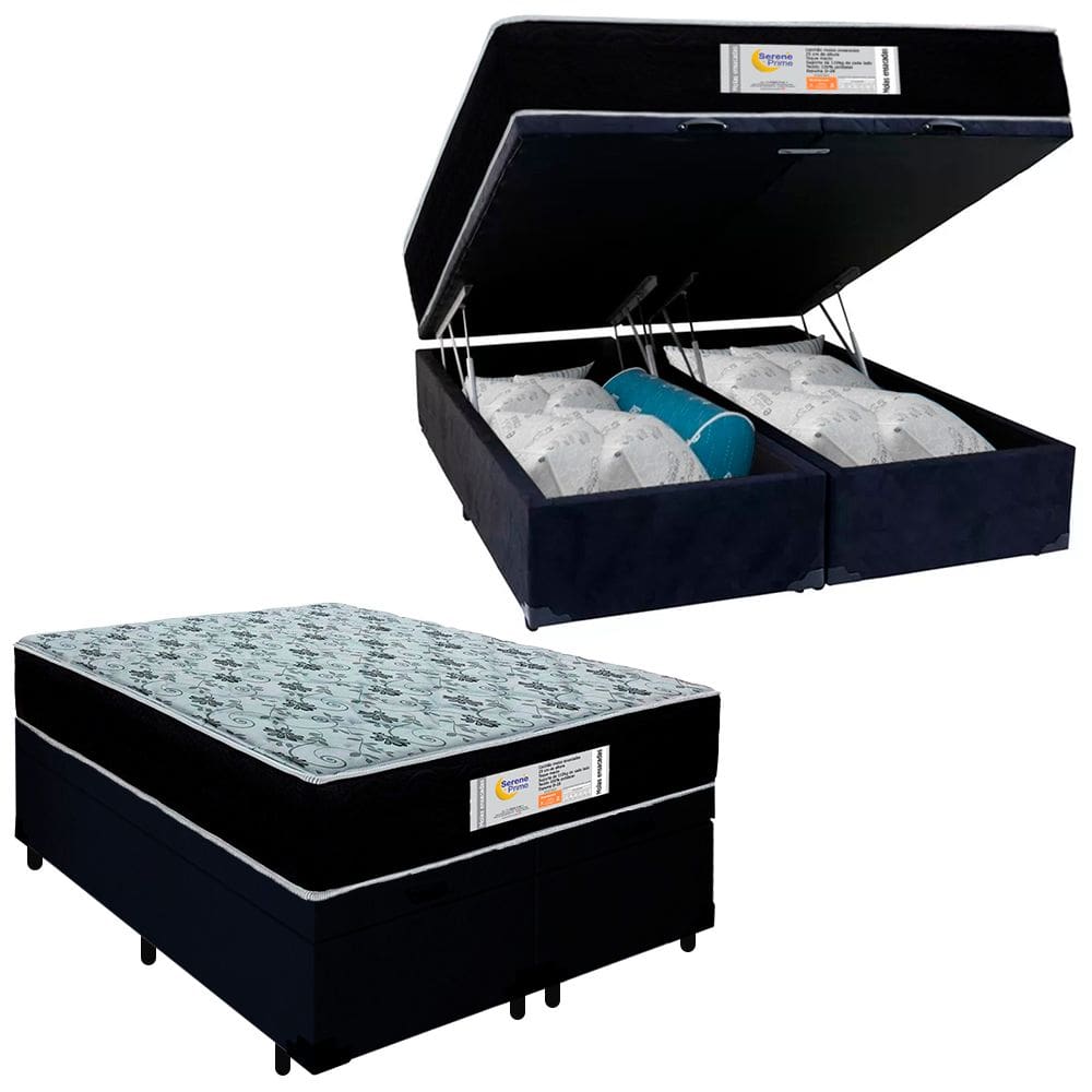 Cama Box Baú Queen Bipartido Suede + Colchão Molas Ensacadas SerenePrime Sonnolux 158x198x69