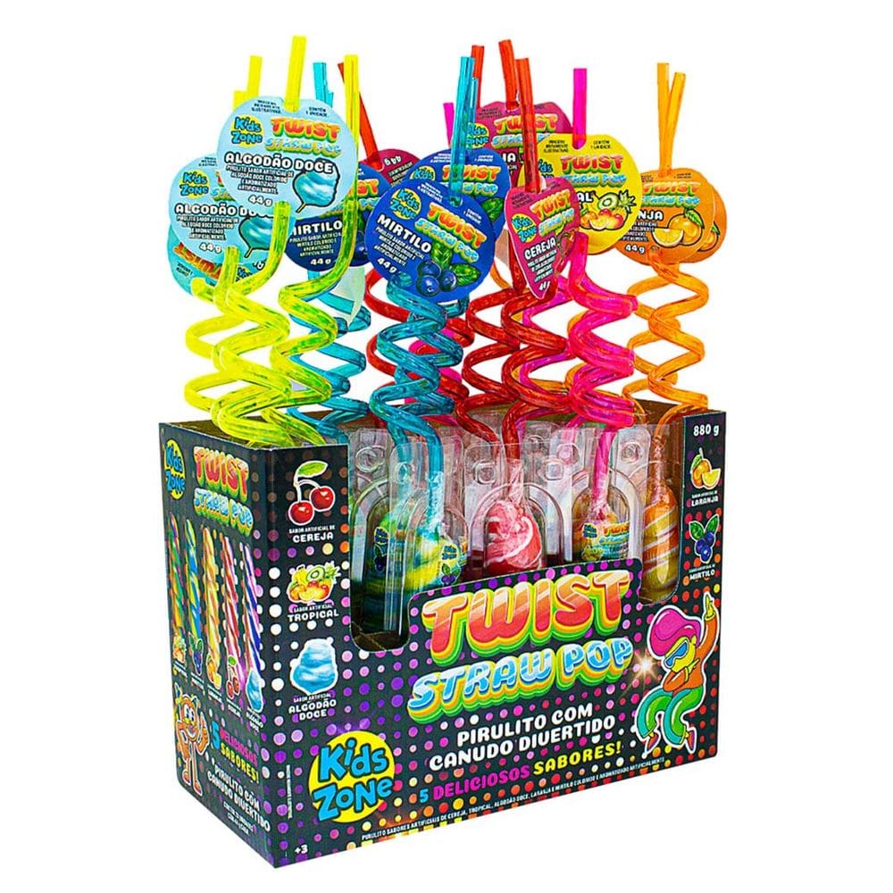 Pirulito Kids Zone Twist Straw Pop Sabores 44g com 1 Unidade